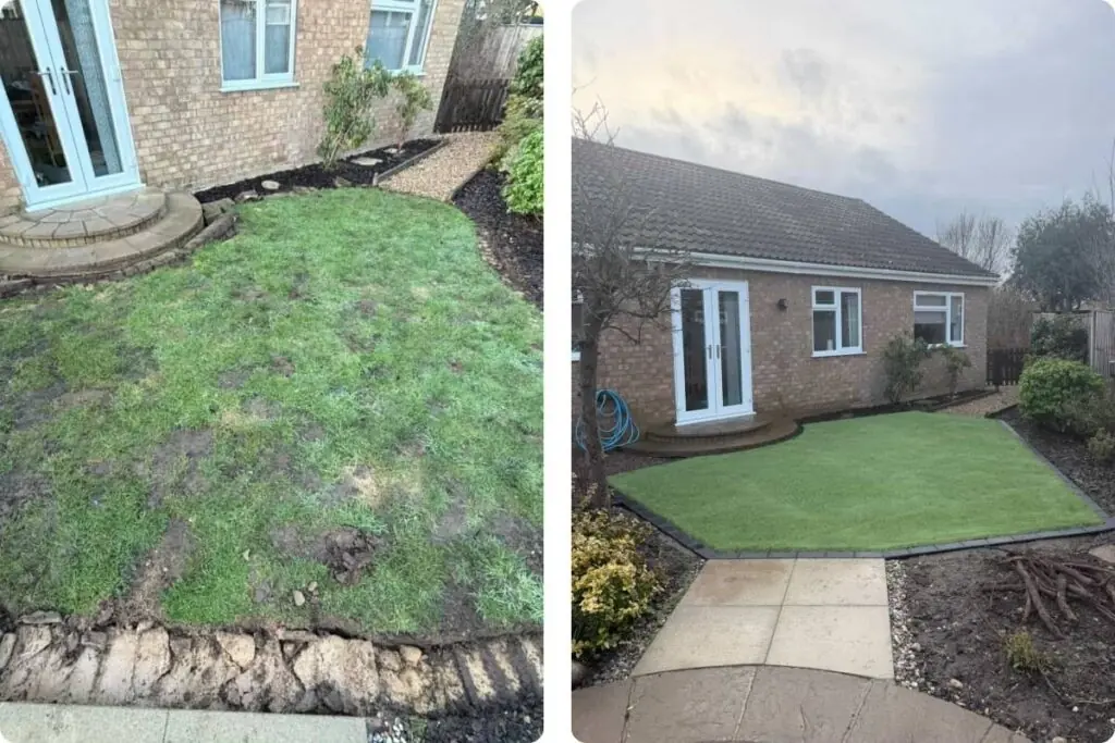 Bespoke Landscaping Lincoln backgarden grass and patio before and after